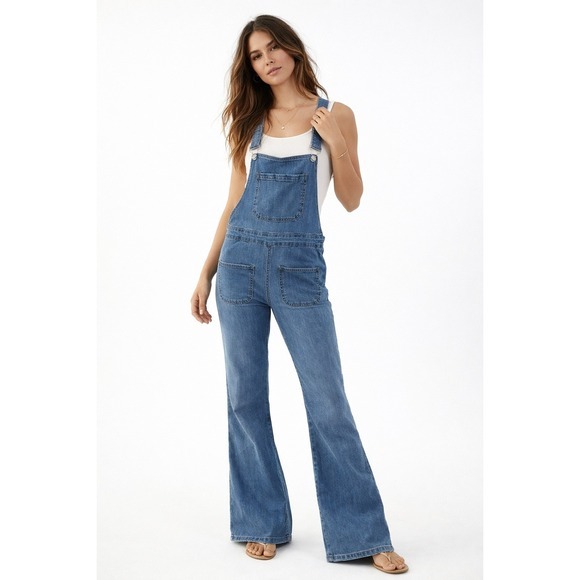 Edikted Denim - Edikted Denim Overalls Women Size S Blue‎ Flare Leg Jumpsuit